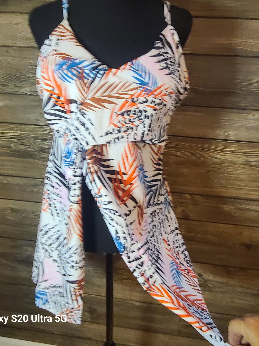 Two Piece, Tropical Leaf Asymmetric Swim Suit White, Orange & Blue
